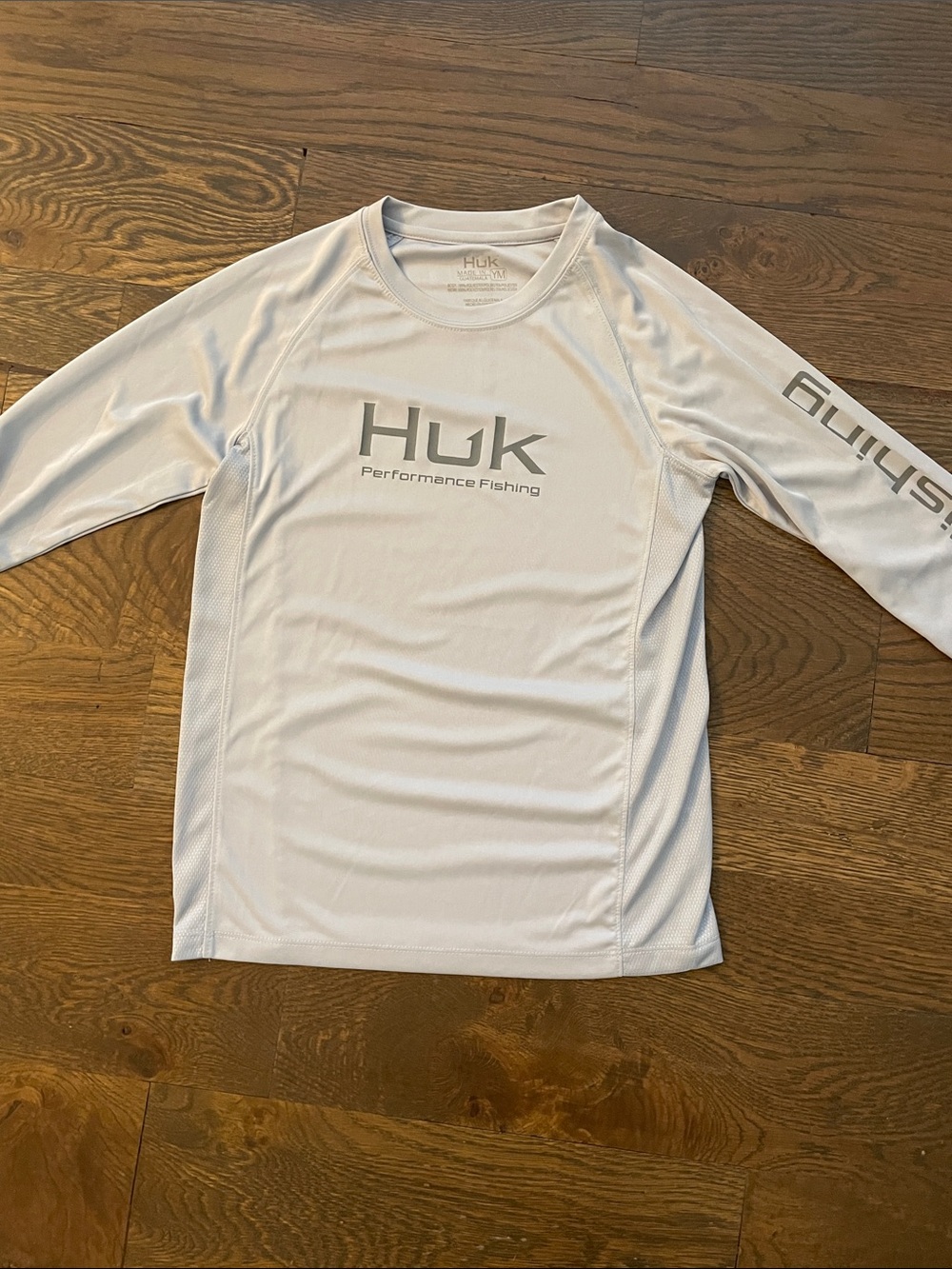 Youth medium Huk Light Gray Long Sleeve Performance Fishing Top with Gray Logo